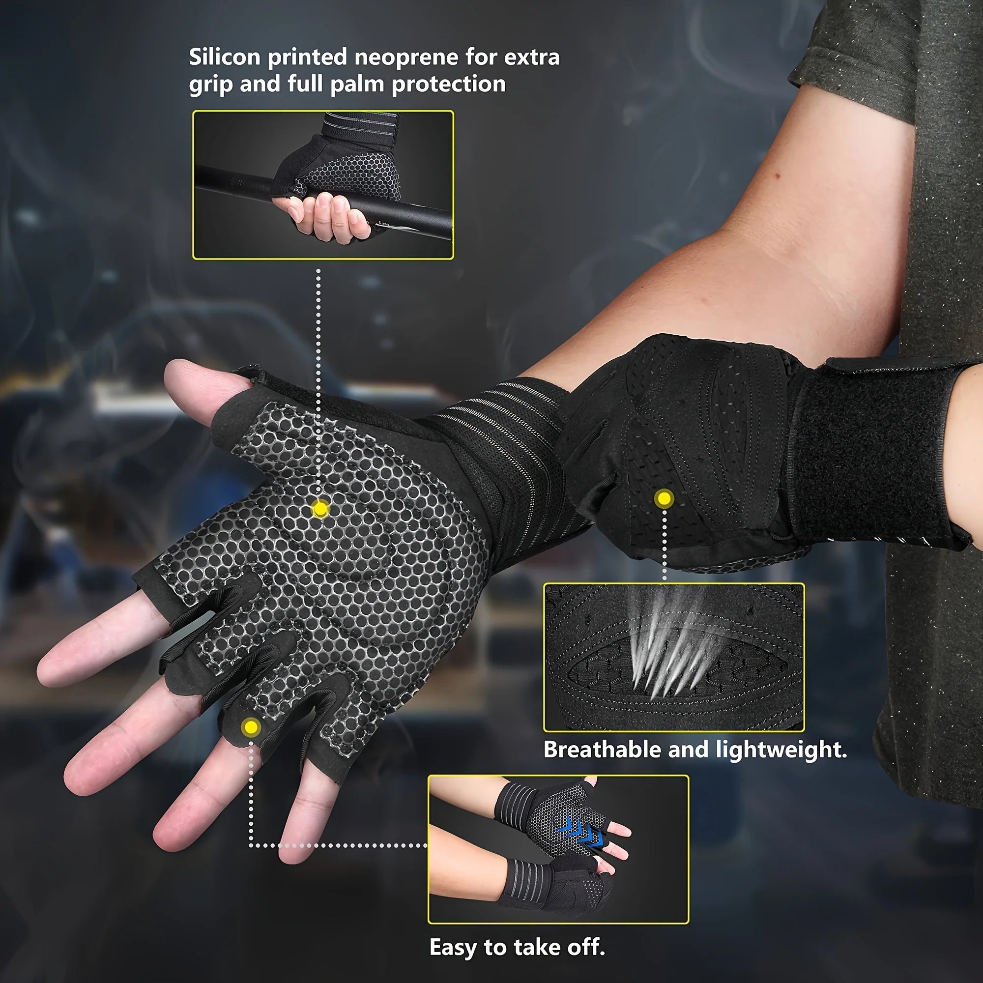 Fitness Weight Lifting Gloves with Wrist Support Breathable Anti-Slip Grip Adjustable Hook Loop Closure Durable Neoprene